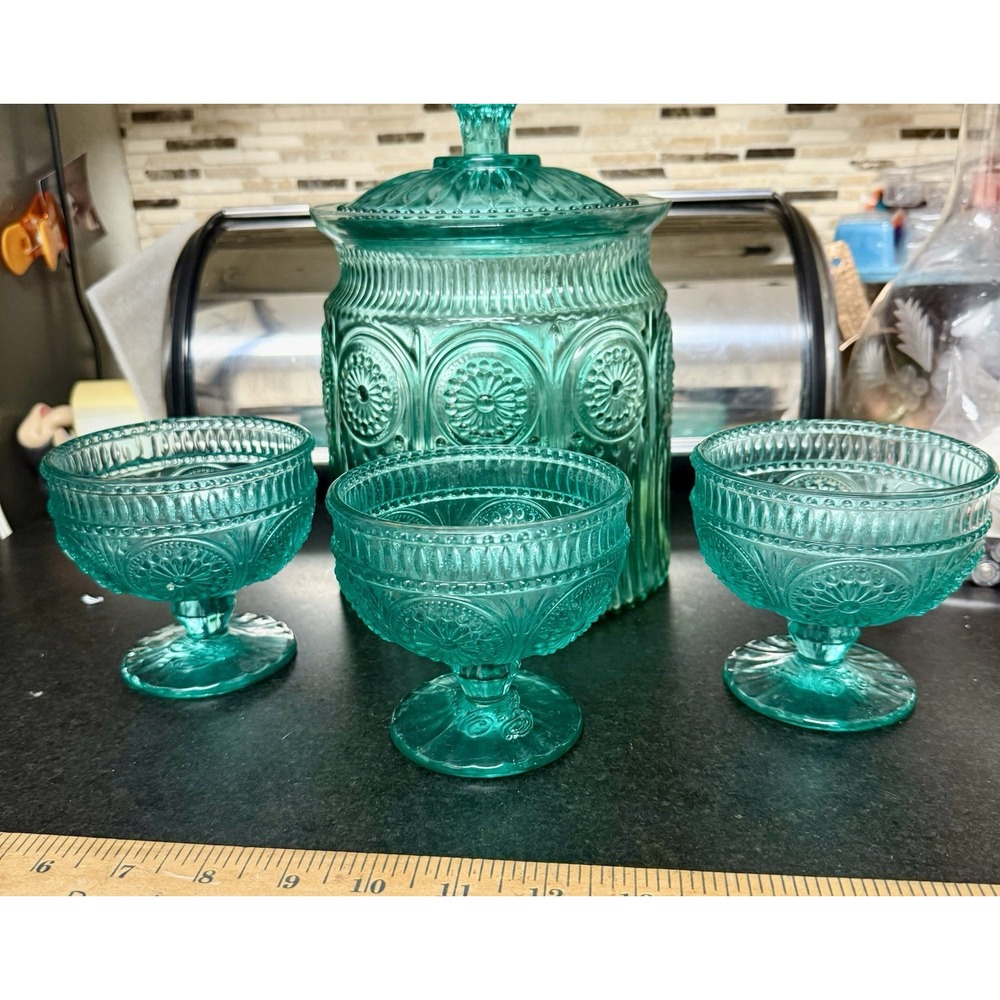 Pioneer Woman Adeline Teal Cookie Jar & 3 Footed Dessert Bowls Set Mint